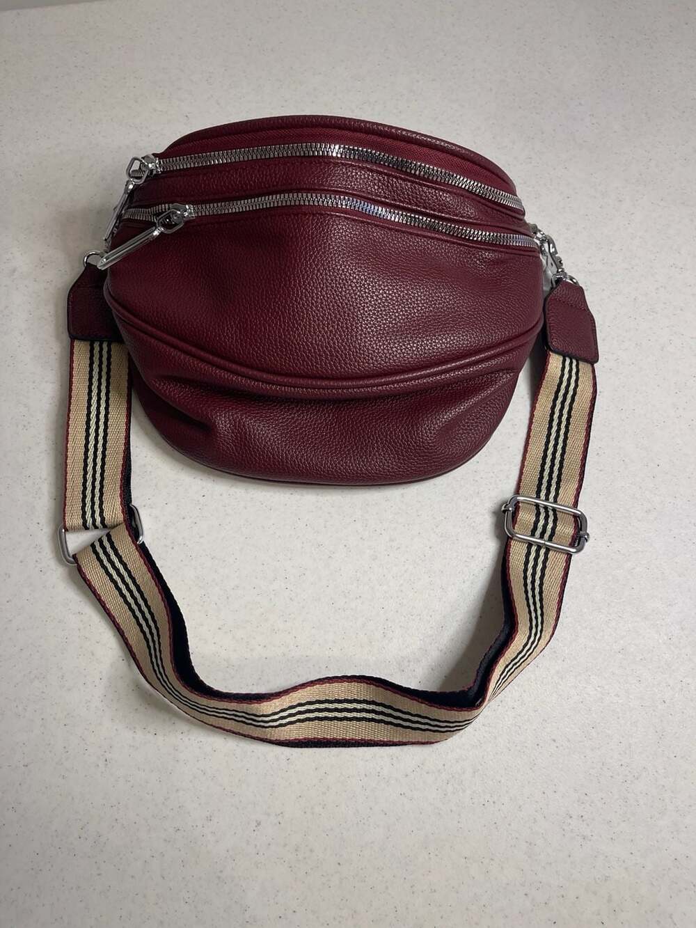 NEW Burgundy Pebbled PU Leather Crossbody Fanny Pack w Striped Strap